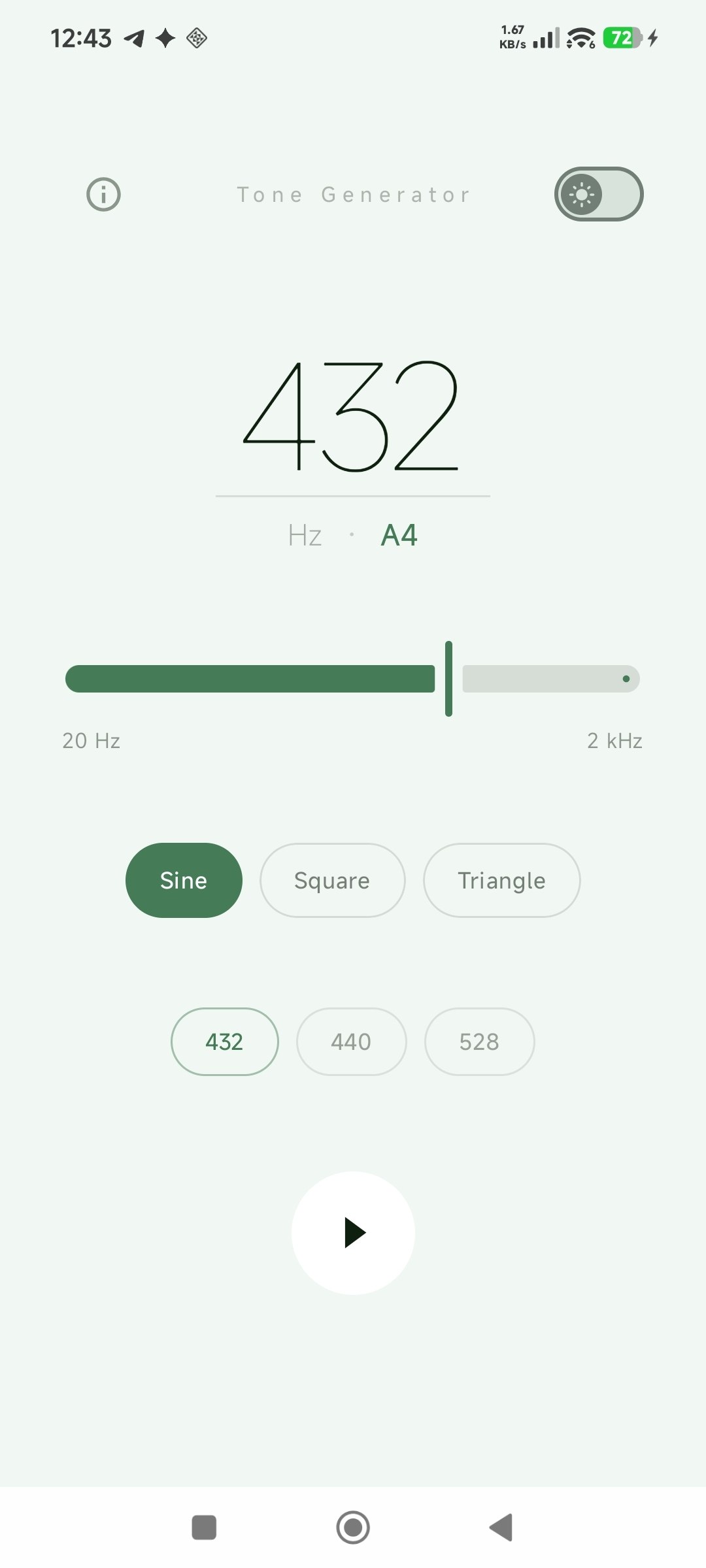 Tone Generator at 432 Hz, sine wave, light theme