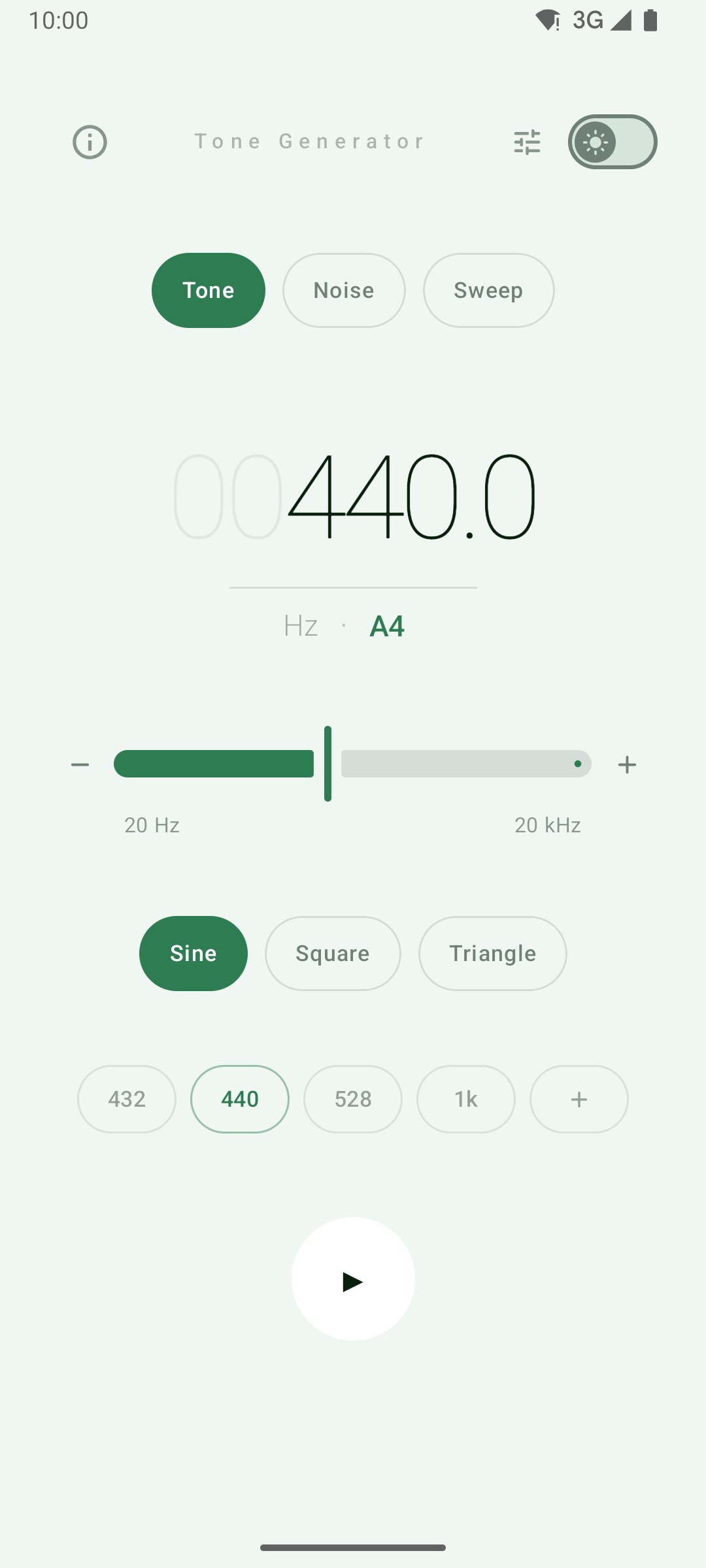 Tone Generator at 440 Hz, sine wave, light theme