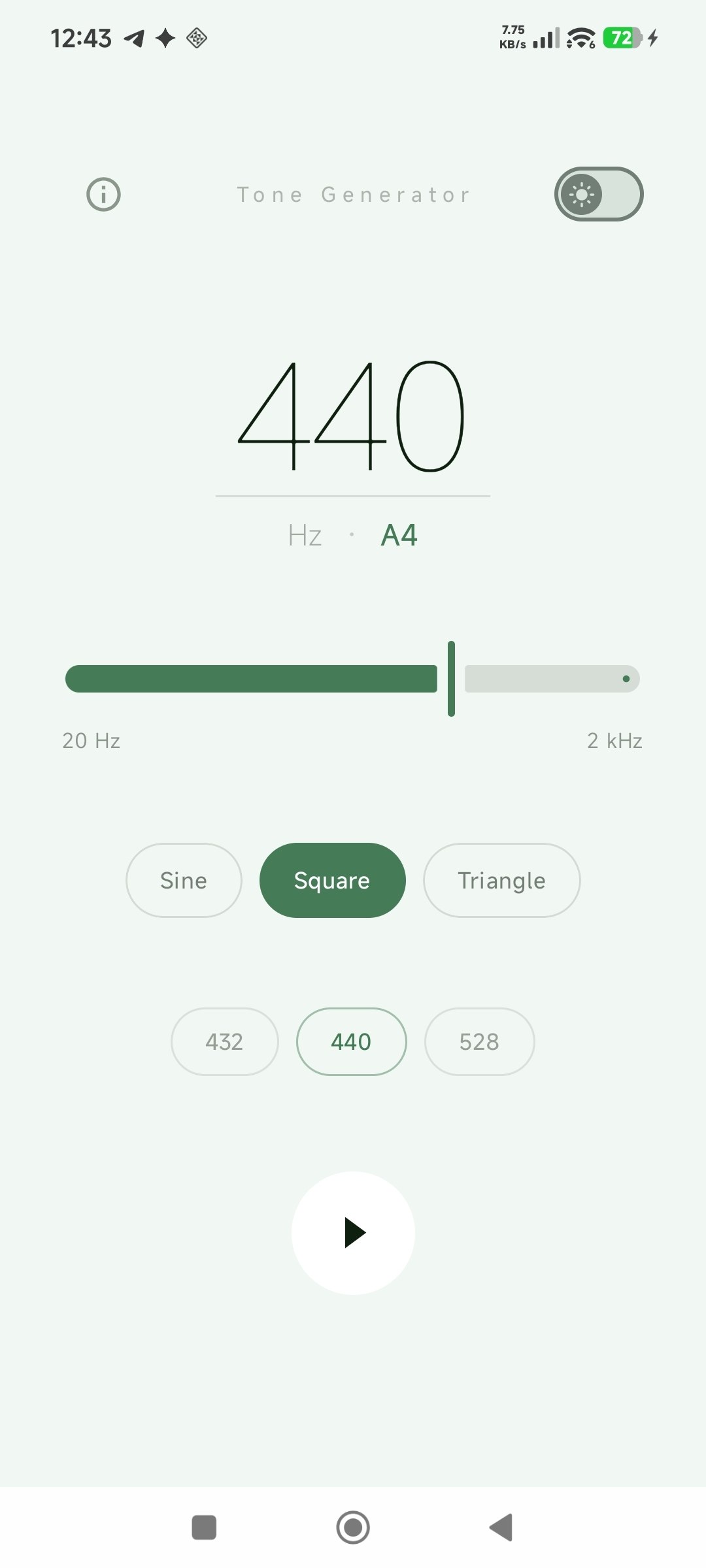 Tone Generator at 440 Hz, square wave, light theme