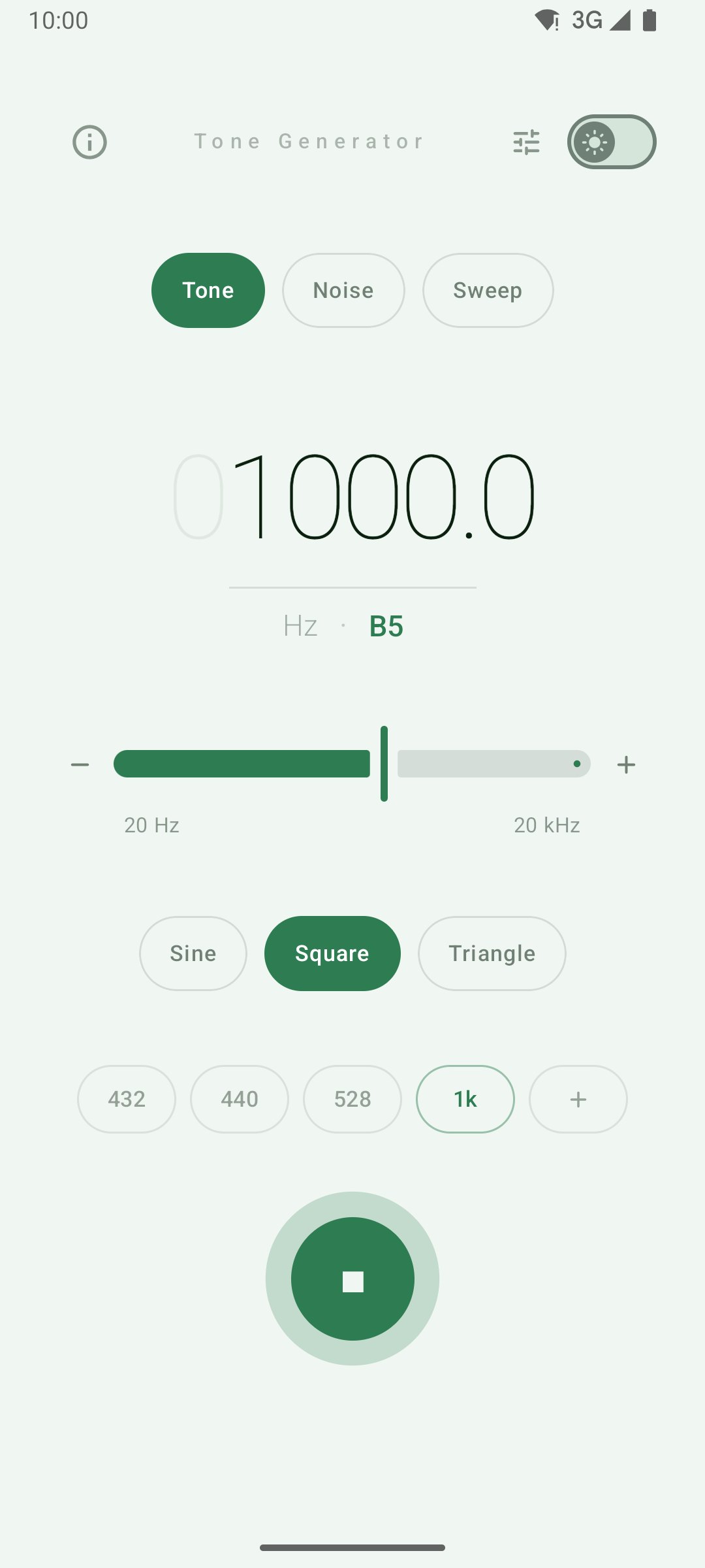 A 1 kHz square wave playing, light theme
