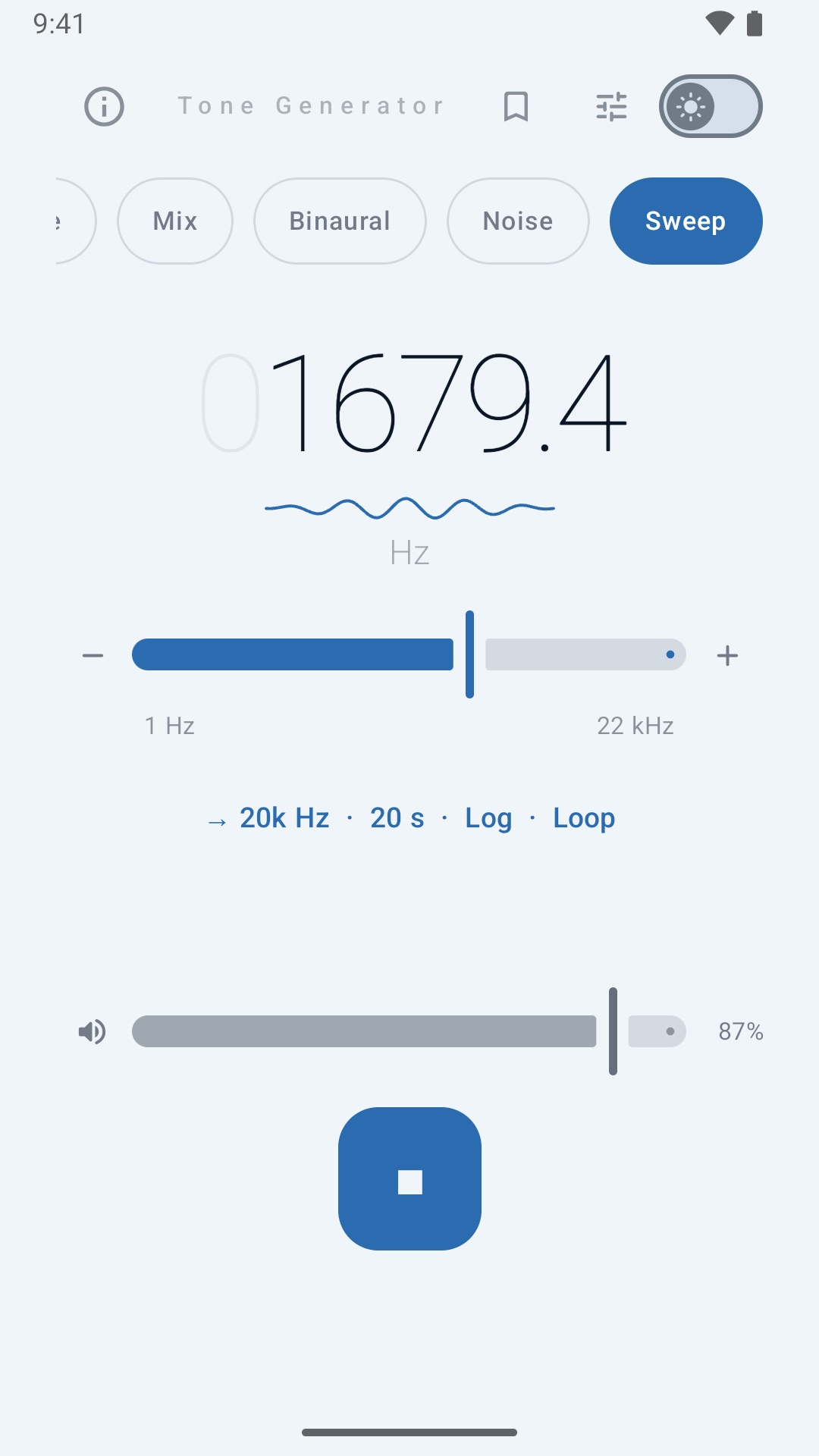 A logarithmic sweep to 20 kHz playing, with the app dressed in blue