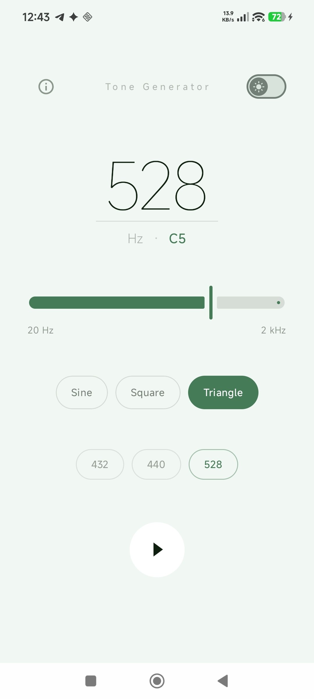 Tone Generator at 528 Hz, triangle wave, light theme