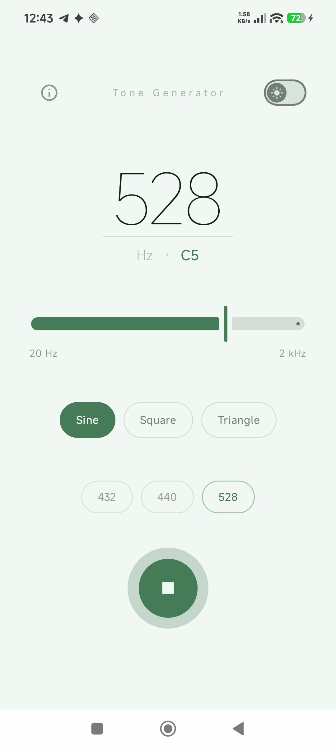 Tone Generator playing a 528 Hz tone, light theme