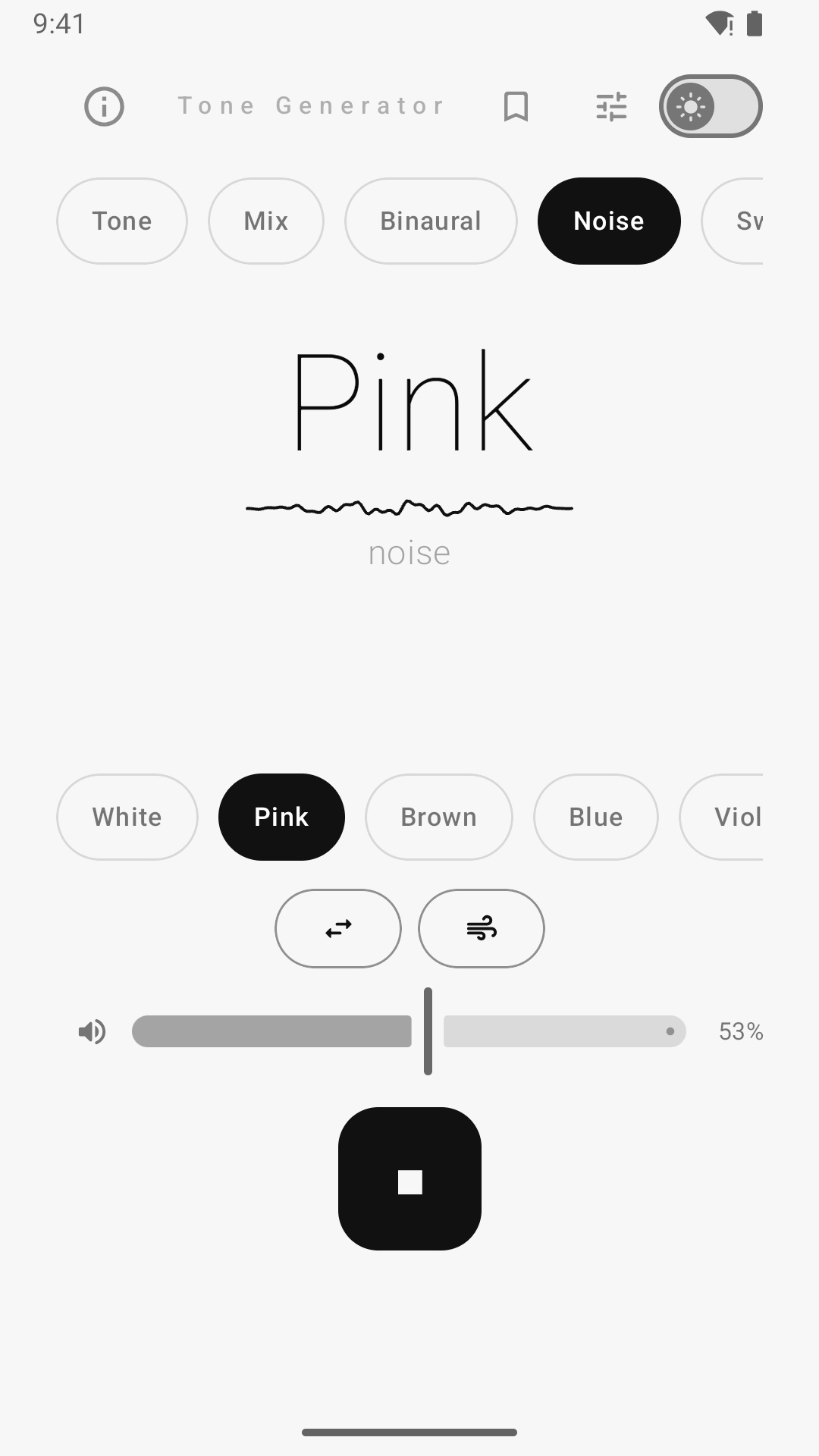 Pink noise playing, with the drift and breathing options on
