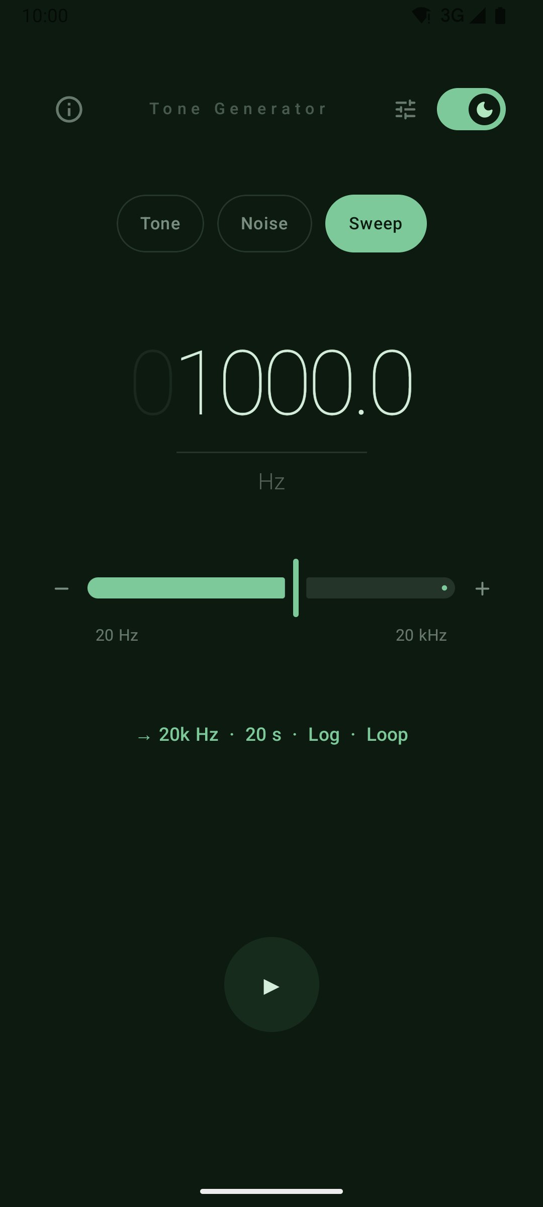 Sweep mode showing its end frequency, duration and shape, dark theme