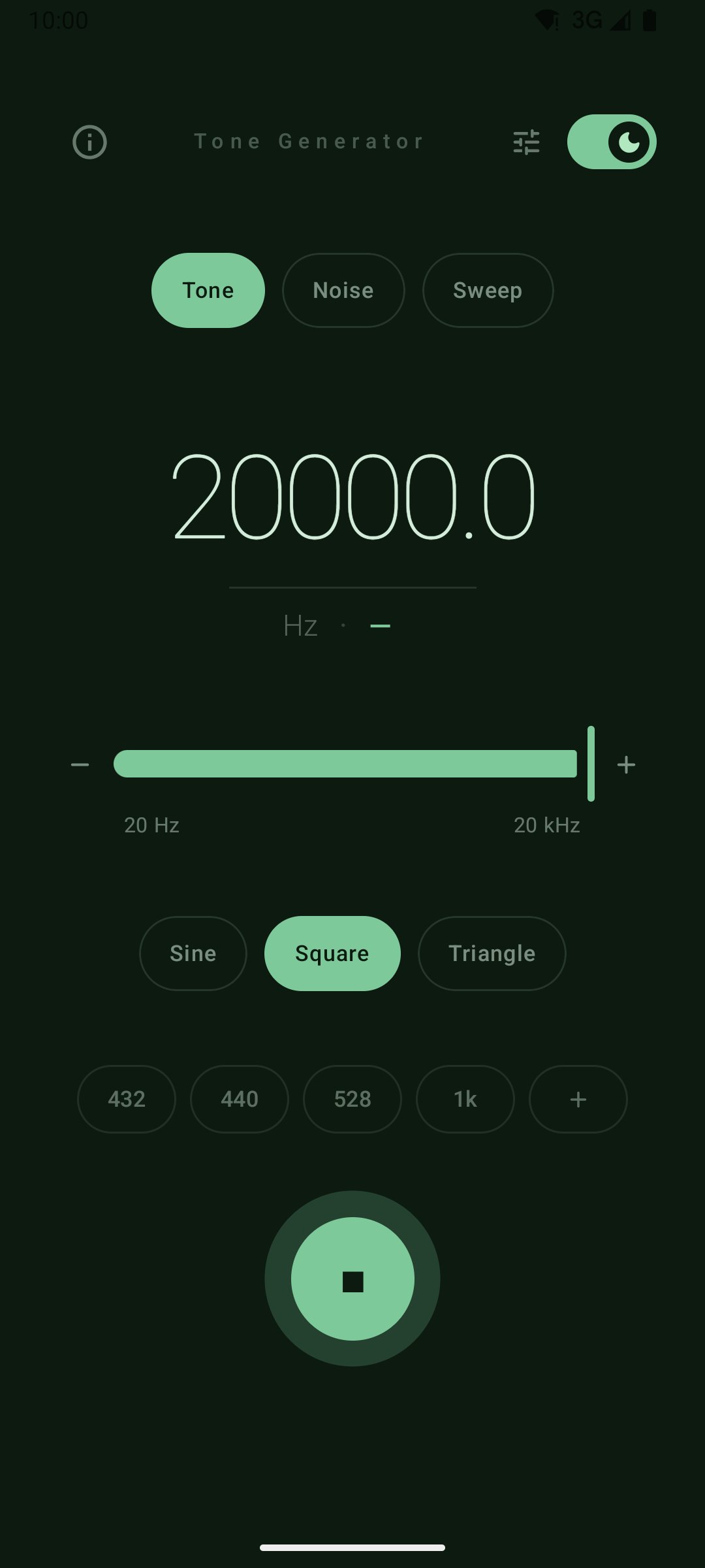 A 20 kHz tone playing at the top of the range, dark theme