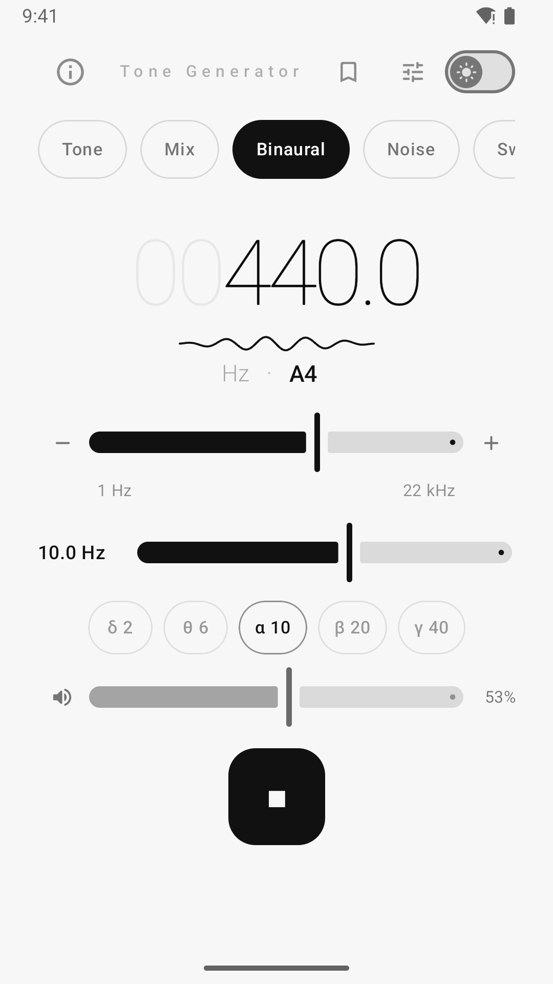Binaural beats: a 10 Hz alpha beat with presets from delta to gamma