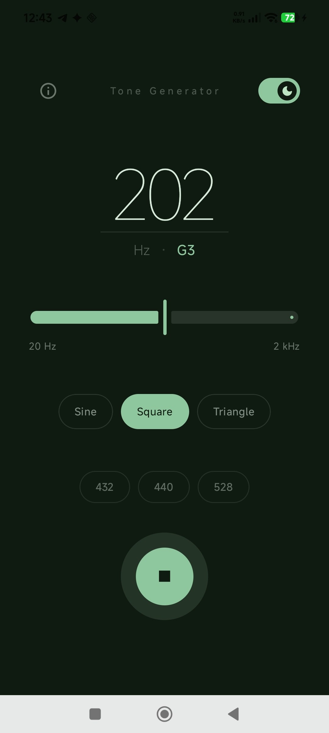 Tone Generator playing a tone in dark theme