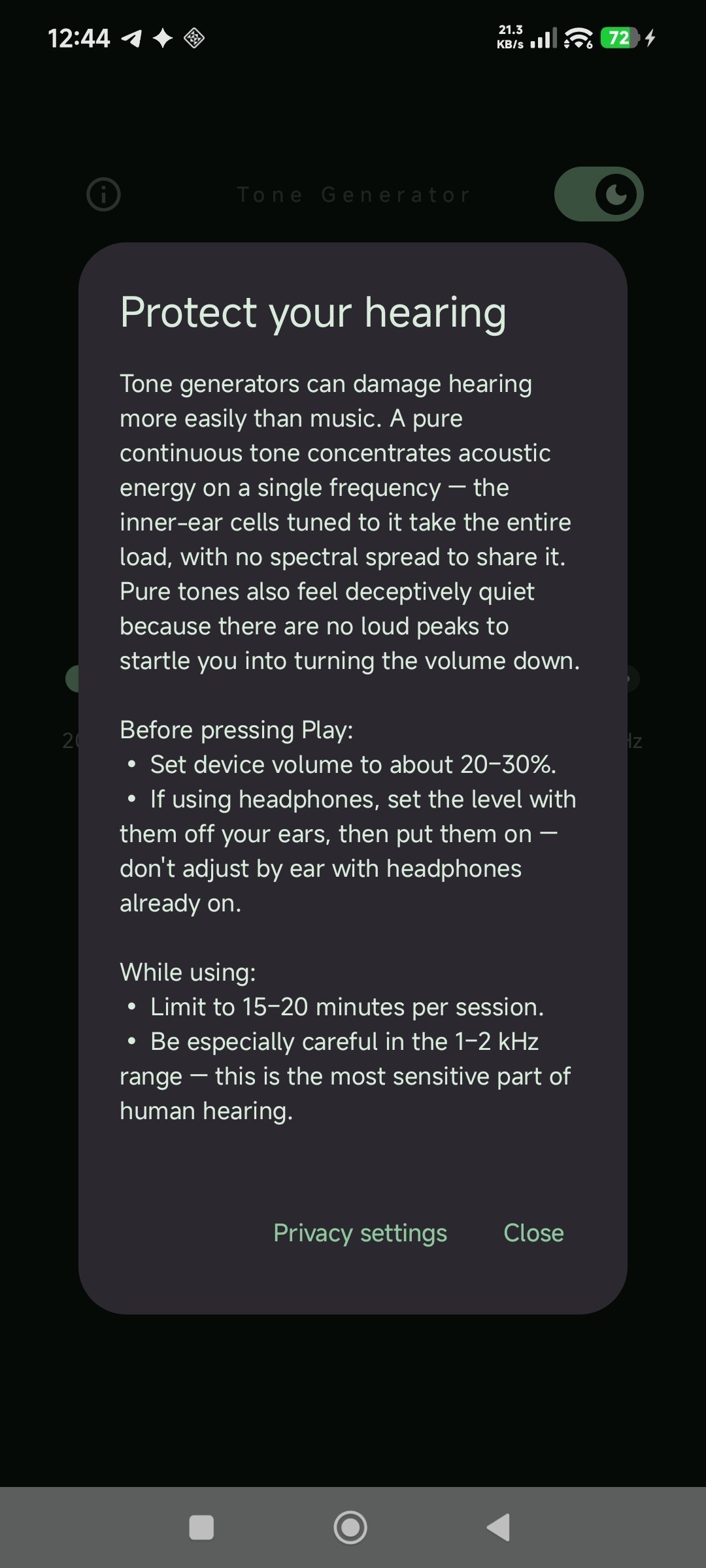 Hearing safety notice with volume guidance and privacy settings