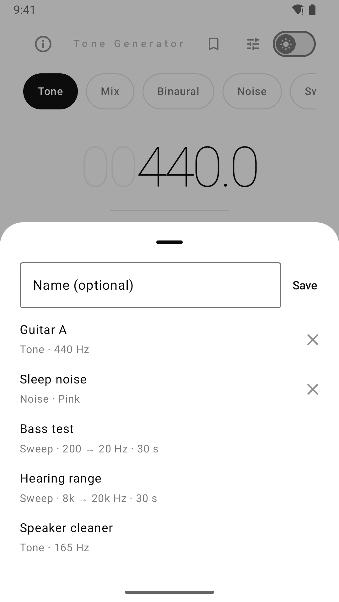 Saved presets and the built-in bass test, hearing range sweep and speaker cleaner