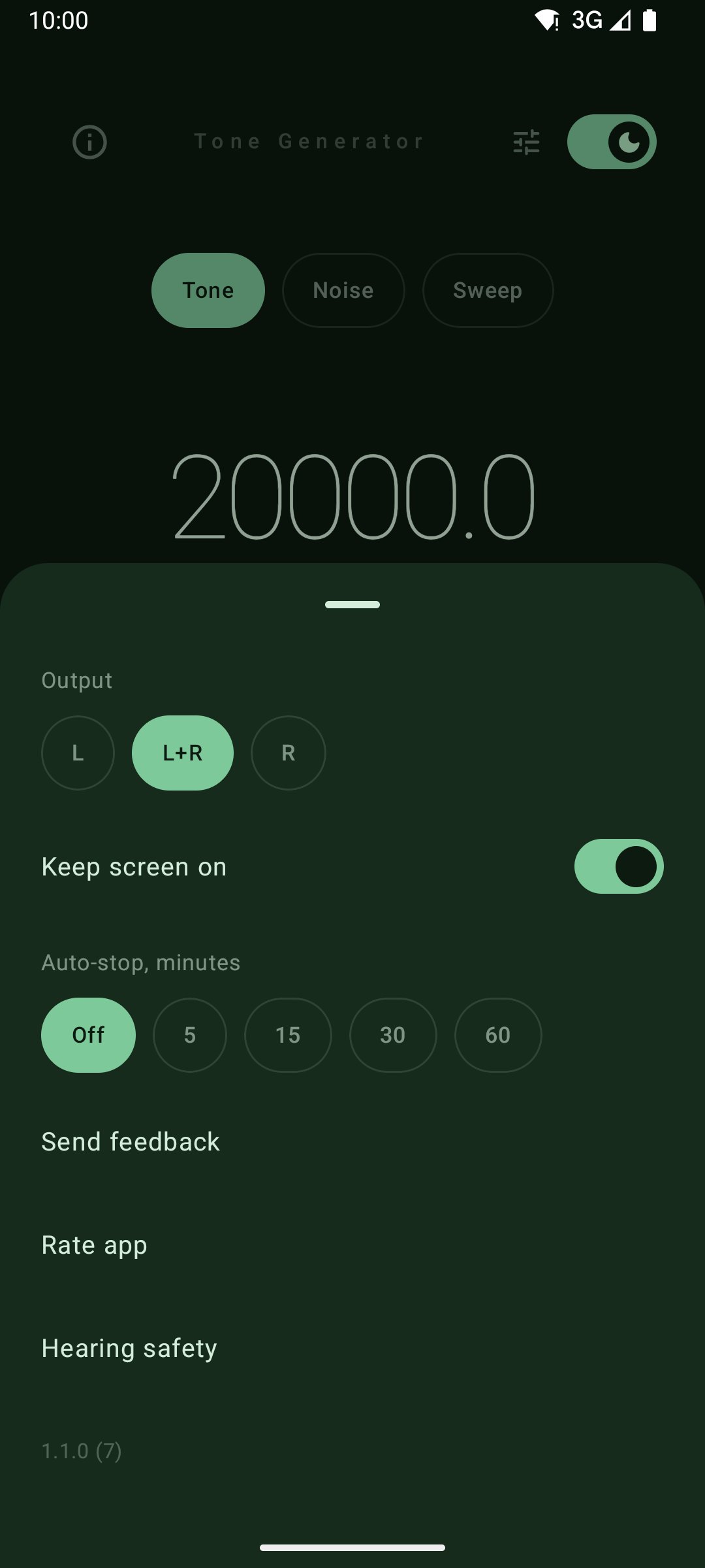 Settings with output channel, keep screen on and auto-stop, dark theme