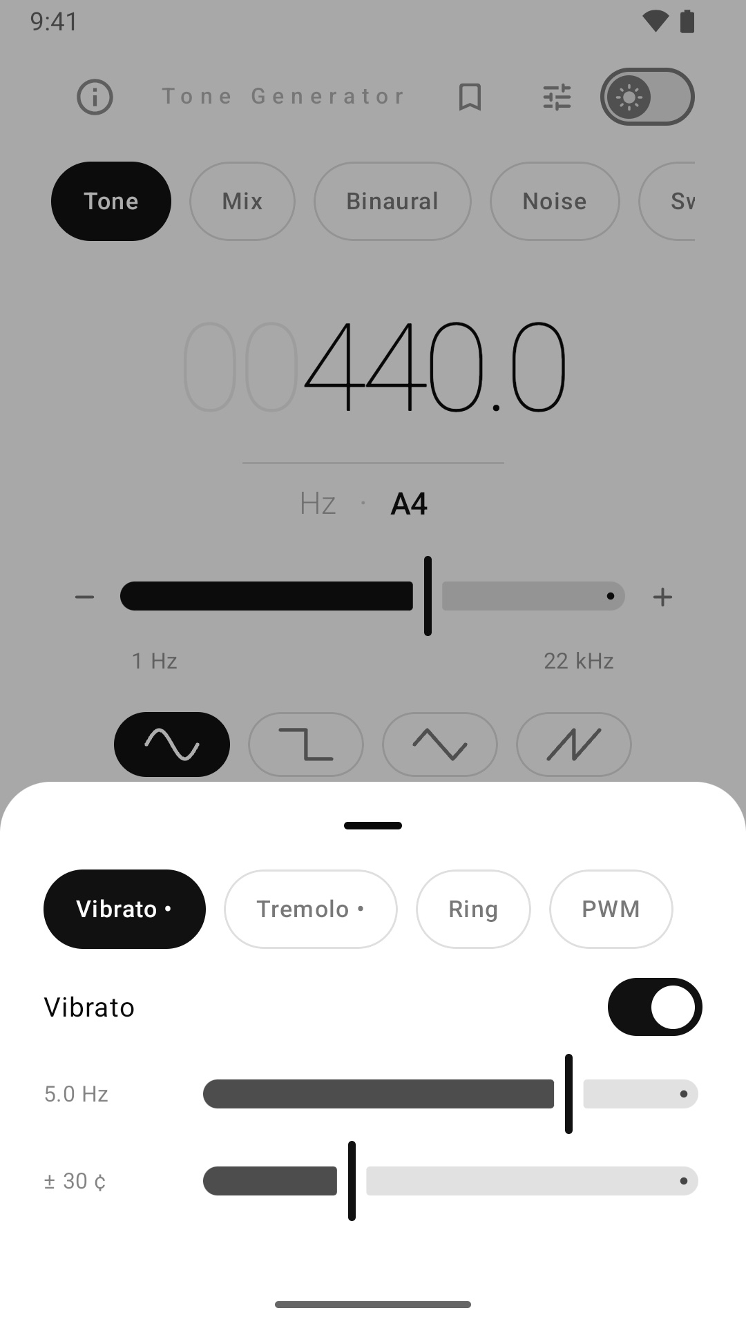 Effects: vibrato, tremolo, ring modulation and pulse width