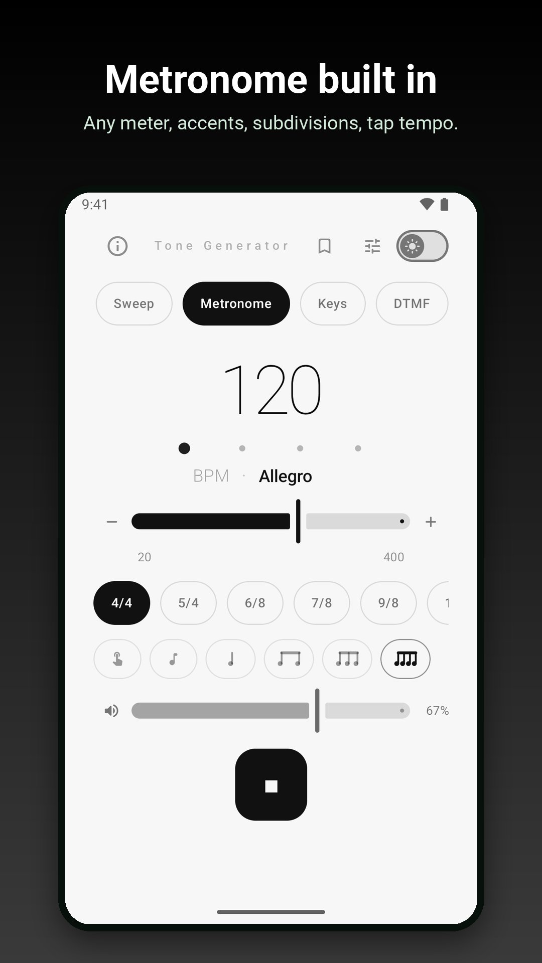 The metronome at 120 BPM in 4/4, with the first beat lit