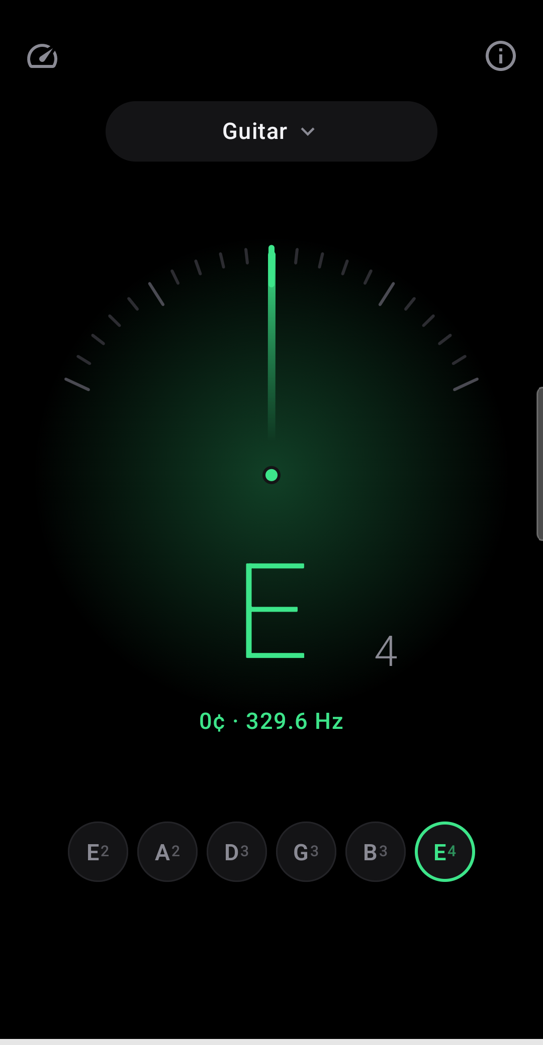 Tunora tuner locked on E4 at zero cents — the needle glows green and the string chip lights up