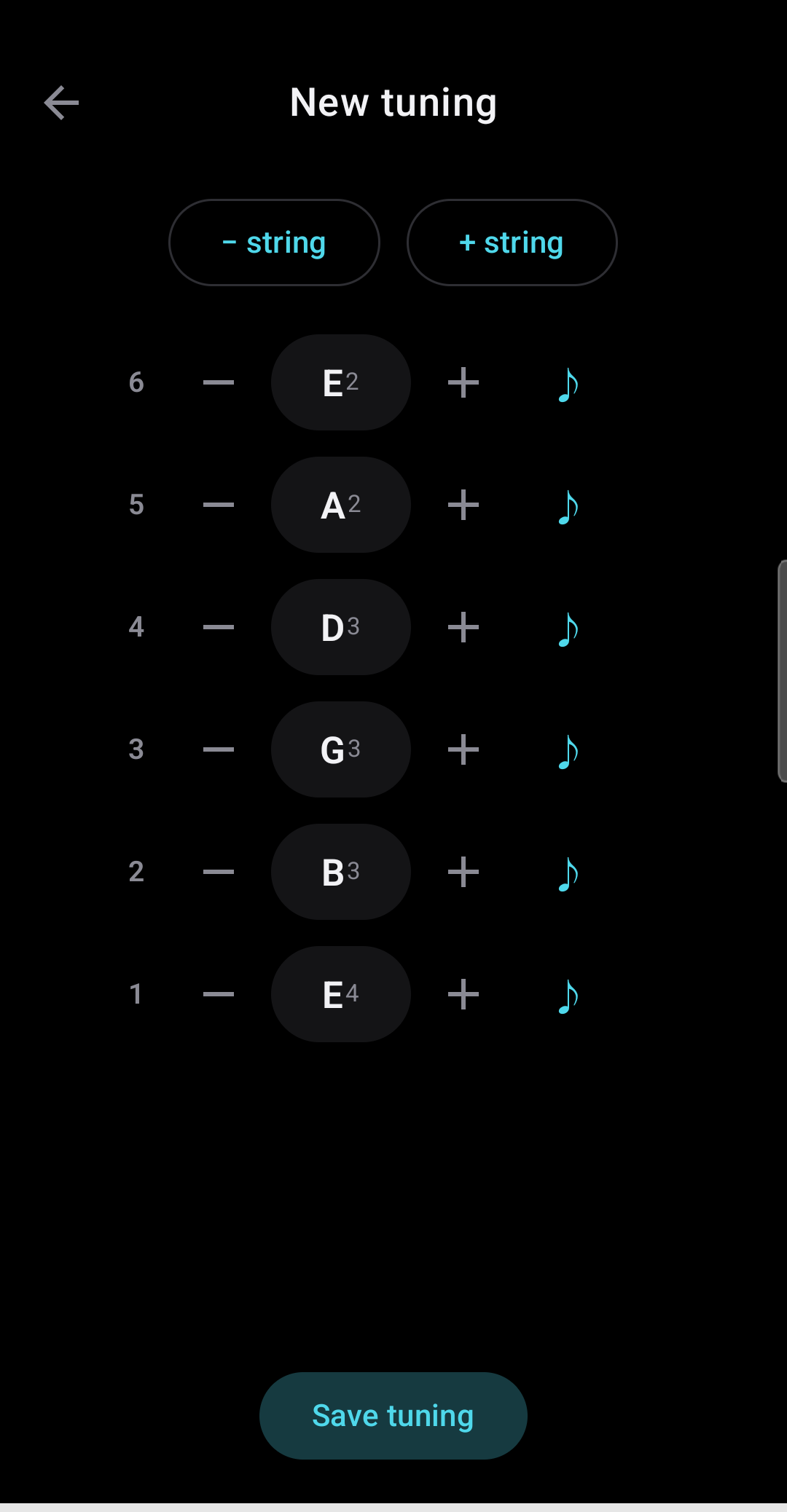 The custom tuning editor — add or remove strings, step any string by semitones and hear a reference tone
