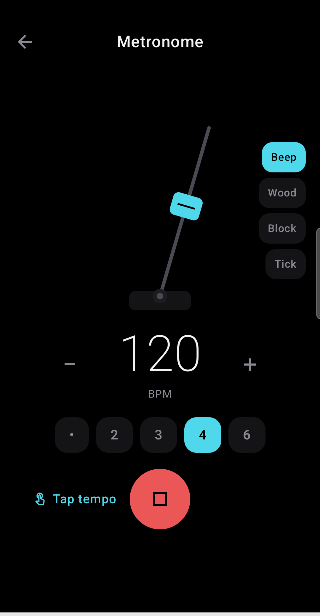 The metronome — a mechanical pendulum, 120 BPM, four click sounds and tap tempo