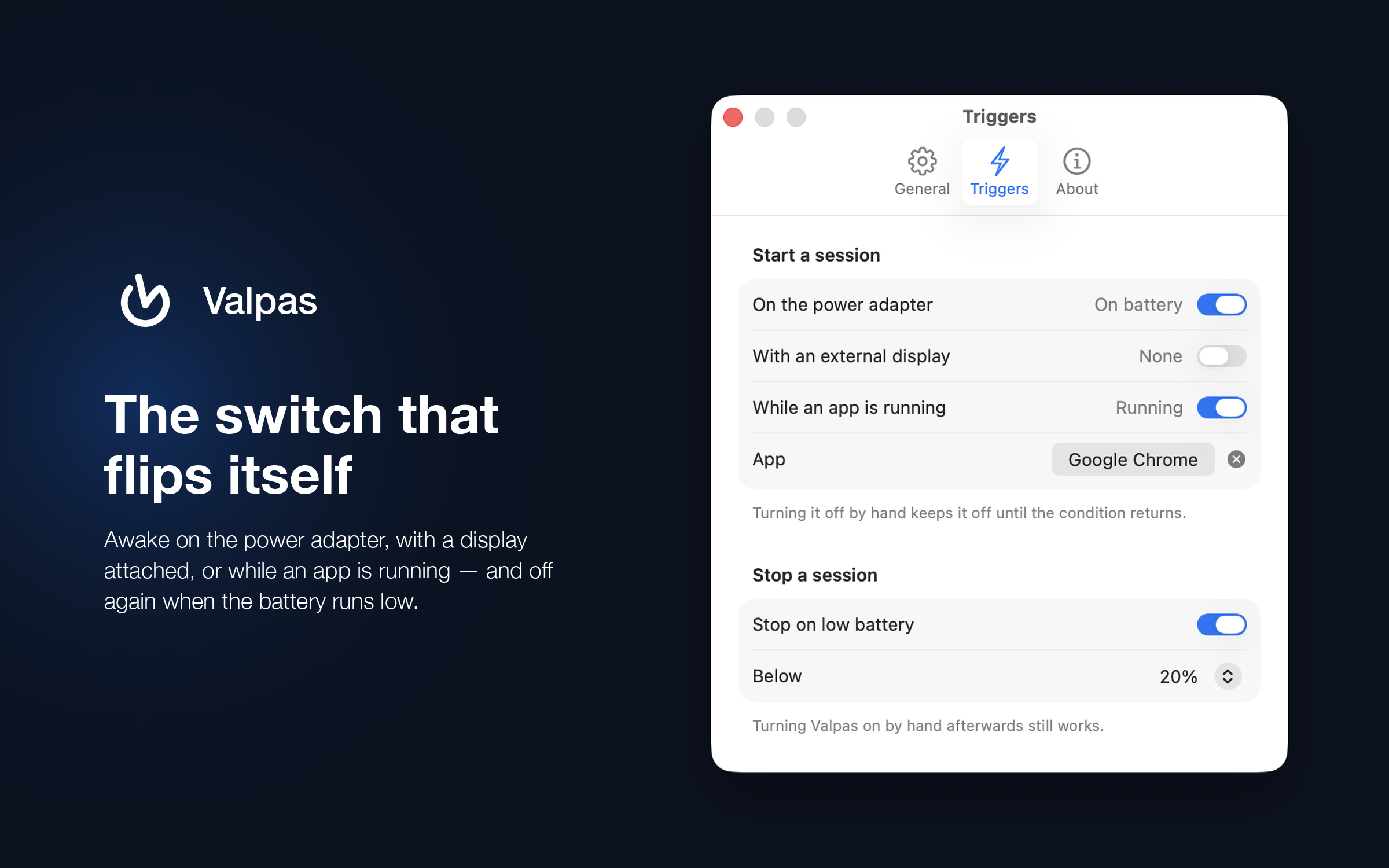 Framed screenshot: the Triggers settings tab with a session running while an app is open, and the low-battery stop rule, captioned 'The switch that flips itself'