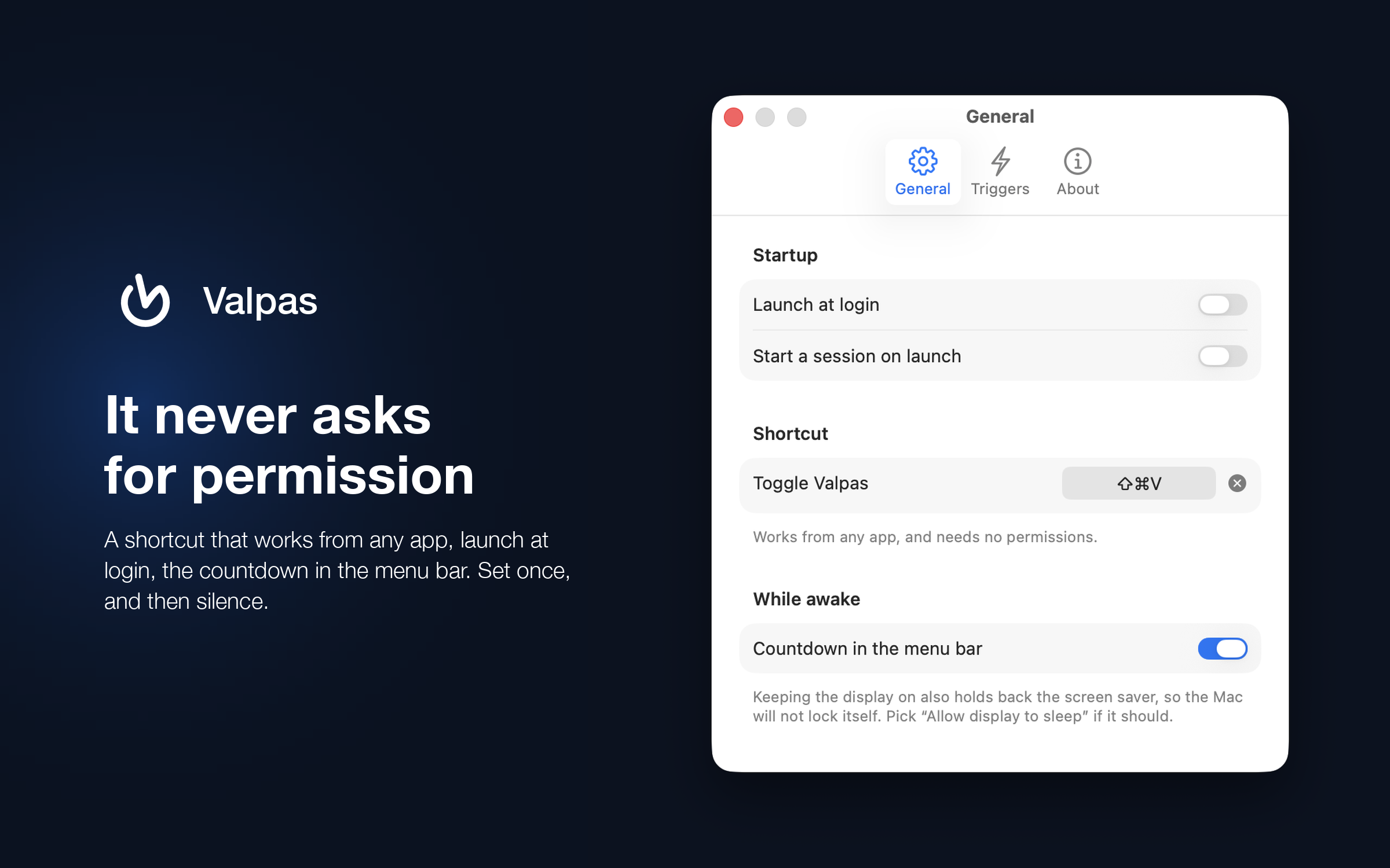 Framed screenshot: the General settings tab with launch at login, a global shortcut and the menu bar countdown, captioned 'It never asks for permission'