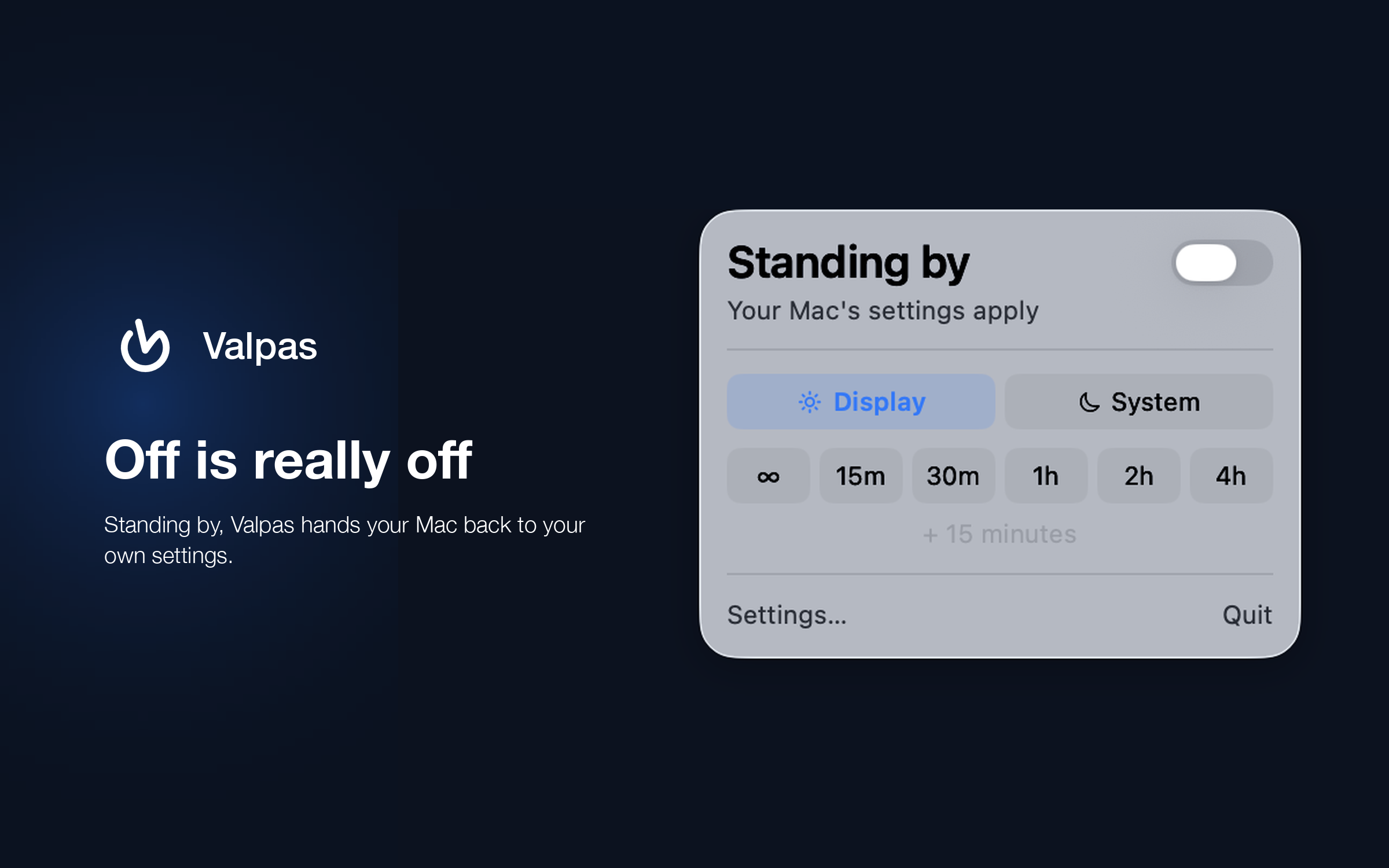 Framed screenshot: the panel switched off, reading 'Standing by' over 'Your Mac's settings apply', captioned 'Off is really off'