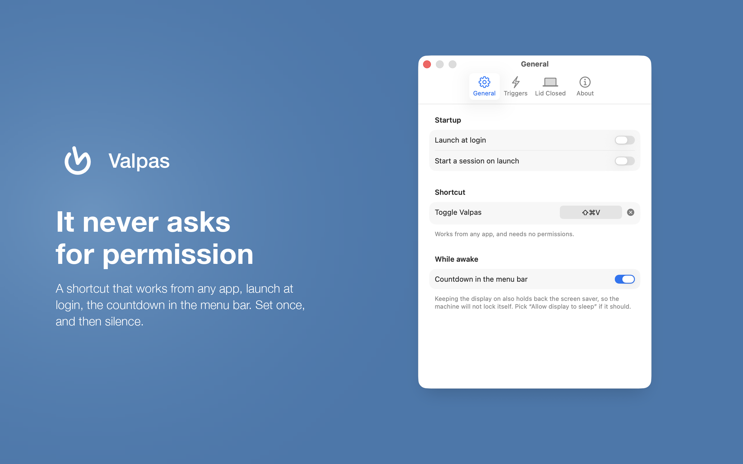 Framed screenshot: the General settings tab with launch at login, a global shortcut and the menu bar countdown, captioned 'It never asks for permission'