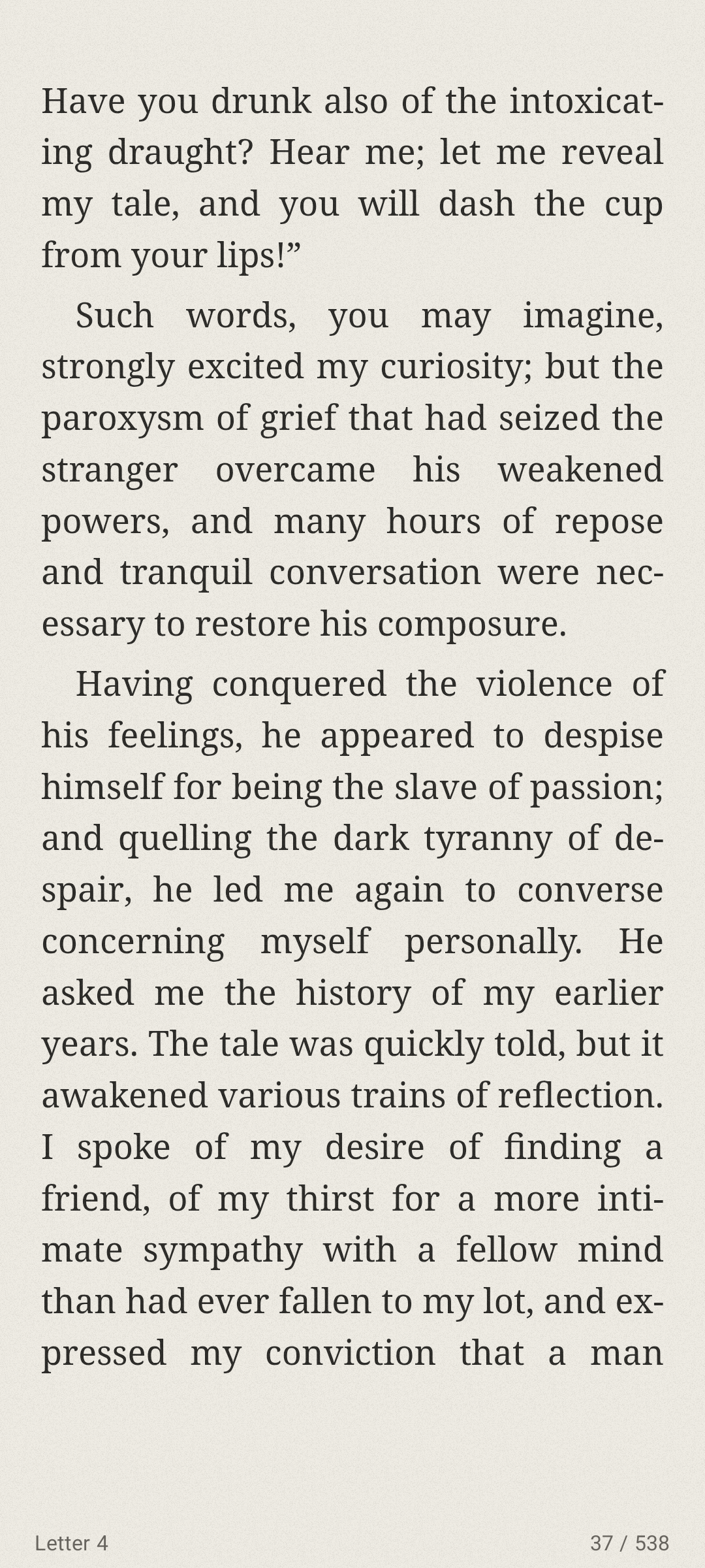 A page of a novel on the paper theme, set in a serif font with justified text and a raised initial