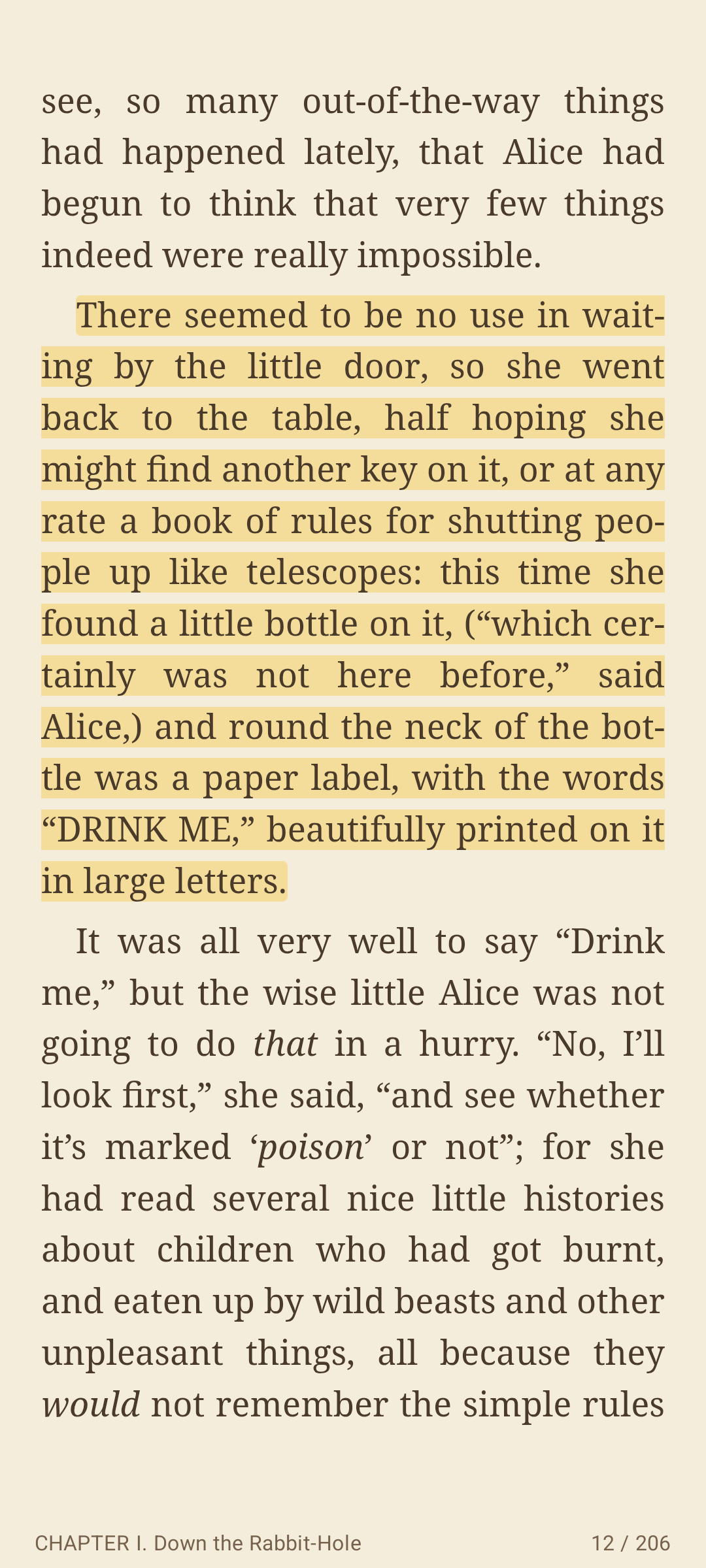 A highlighted sentence on a sepia page