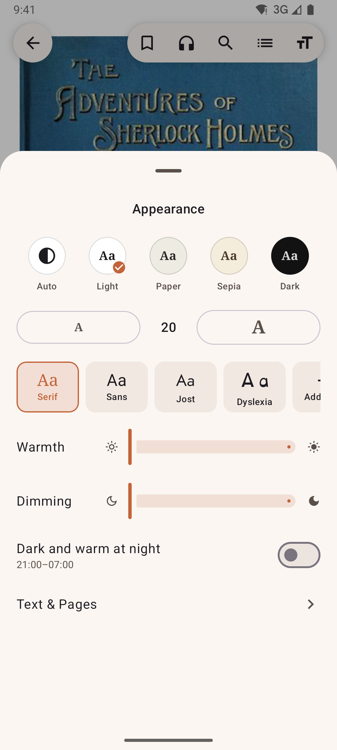 Appearance settings: themes, text size, fonts including a dyslexia-friendly one, warmth, dimming and dark and warm at night