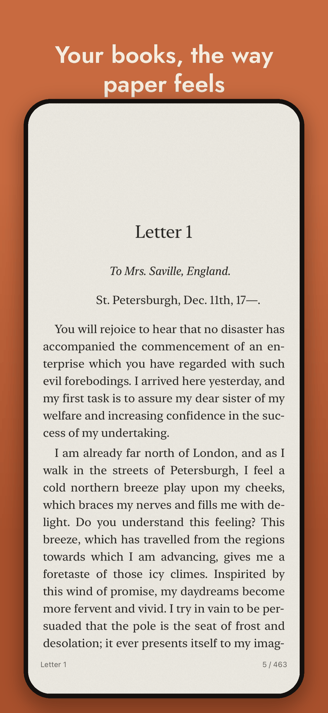 A page of Frankenstein on the paper theme, set in a serif font with justified text