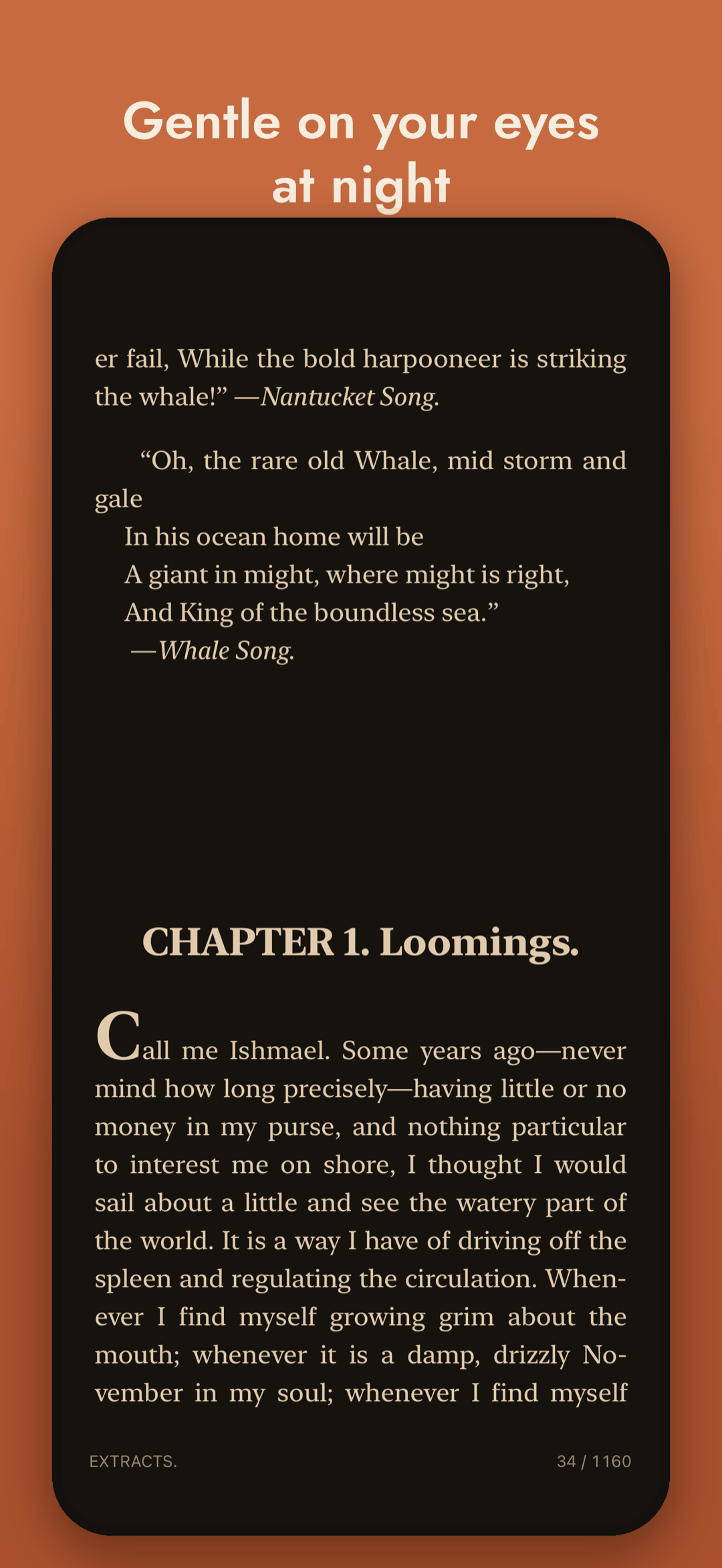 Moby-Dick at night on the dark theme, with a raised drop cap at the start of the chapter