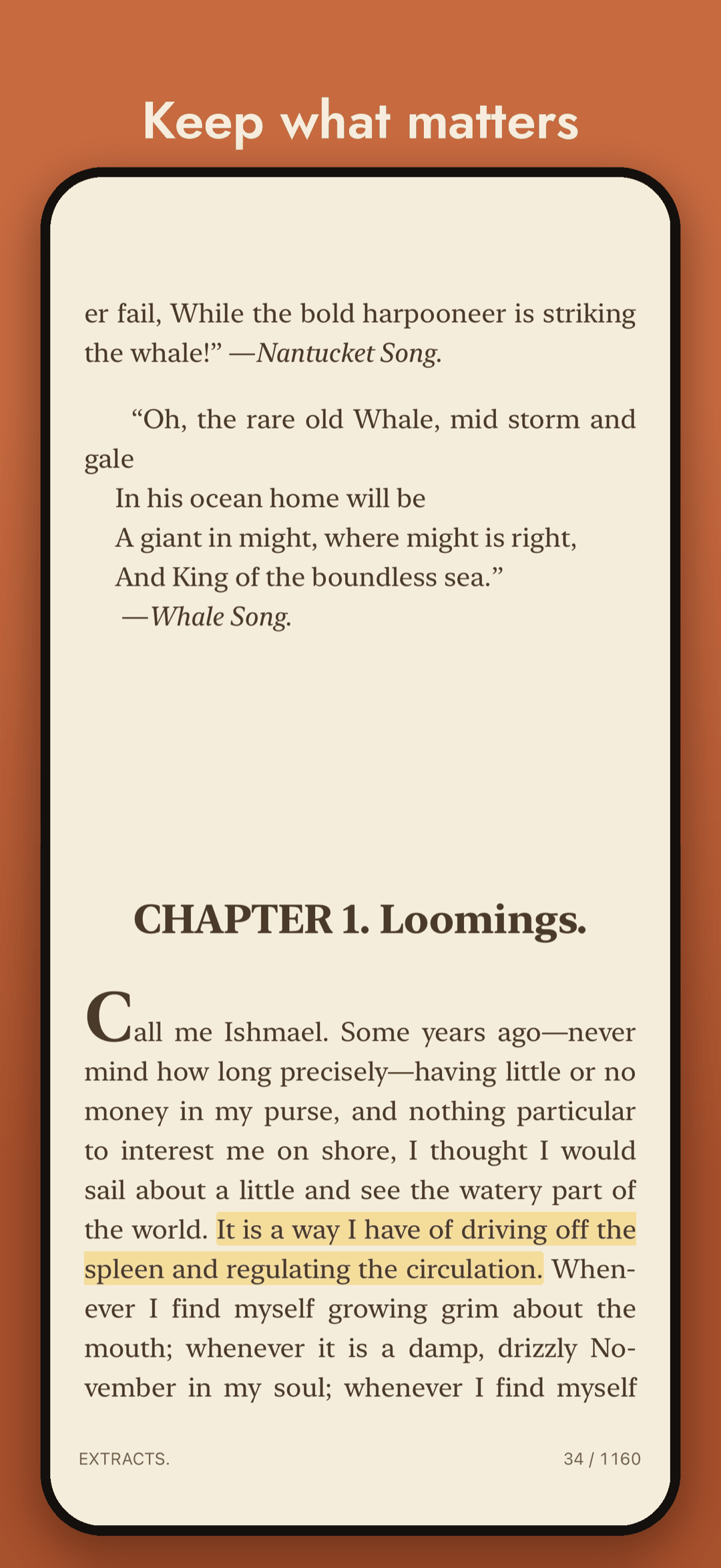 A highlighted sentence on a sepia page