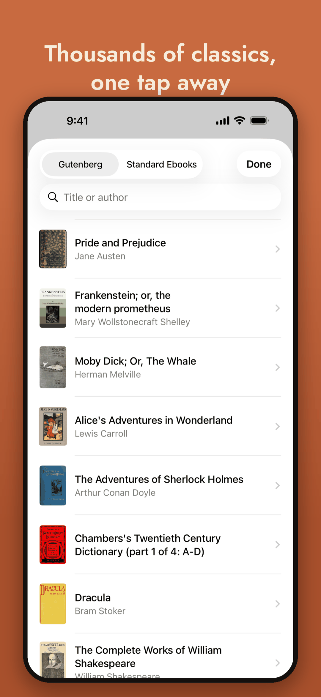 The catalog of free classics from Project Gutenberg and Standard Ebooks, with a search by title or author