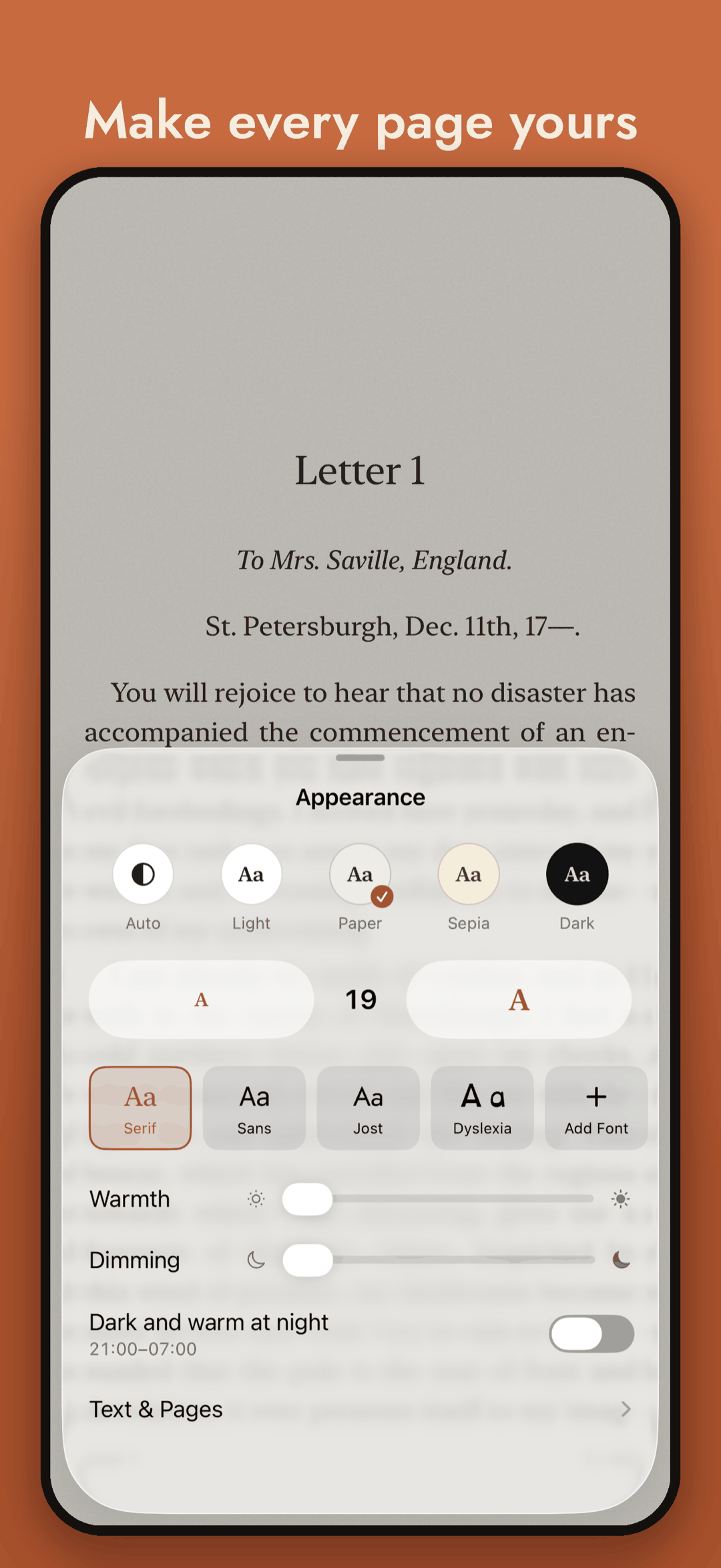 Appearance settings: themes, text size, fonts including a dyslexia-friendly one, warmth, dimming and dark and warm at night